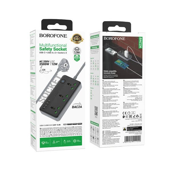 MULTIPRISE BOROFONE 3 SOCKETS 2500W TRIPLES SORTIES USB